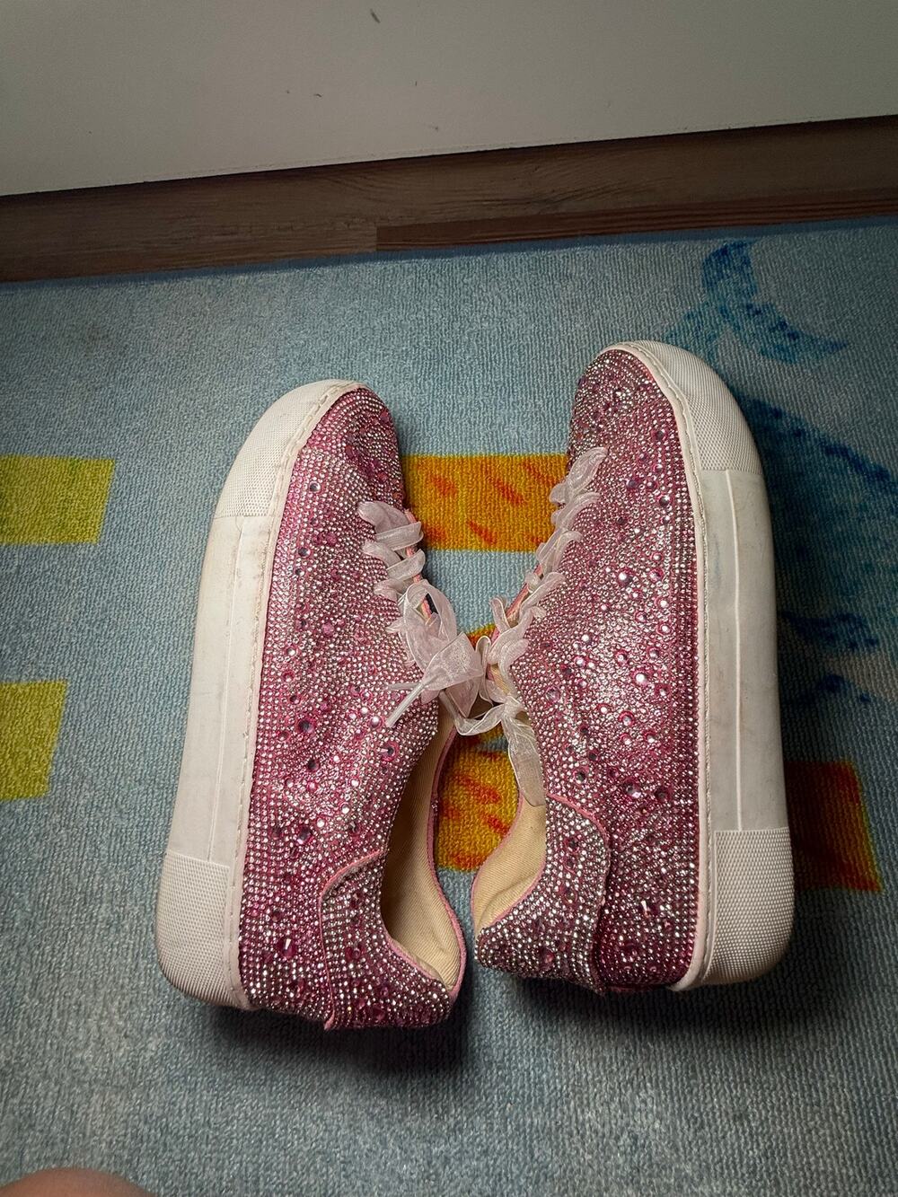 Cozzy Girl Pink Rhinestone Crystal Platform Sneakers Bling Ribbon Lace Shoes